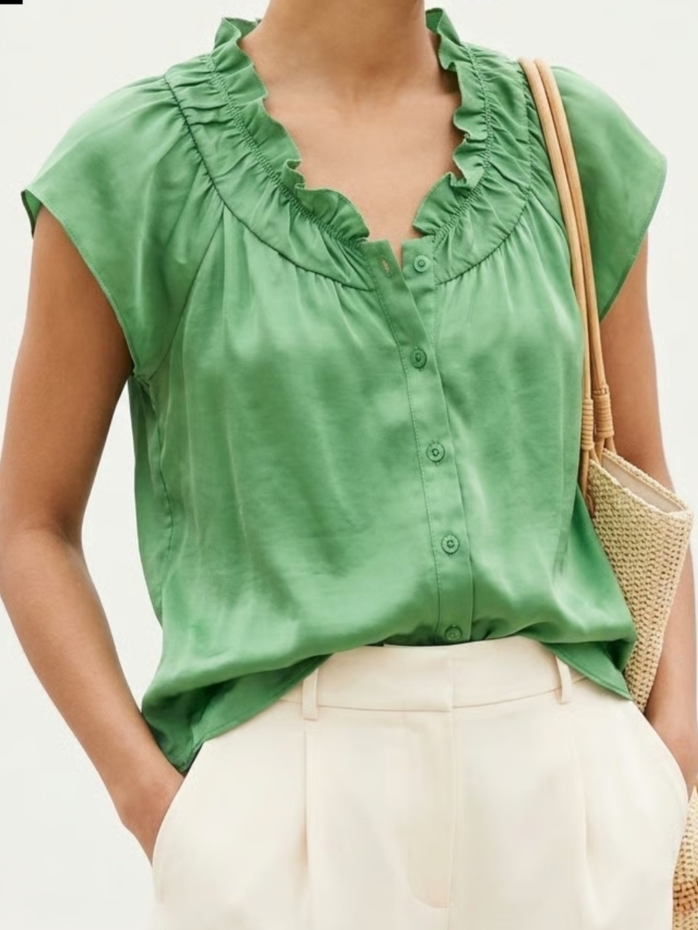 The Limited Green Ruffled V-Neck Cap Sleeve Blouse